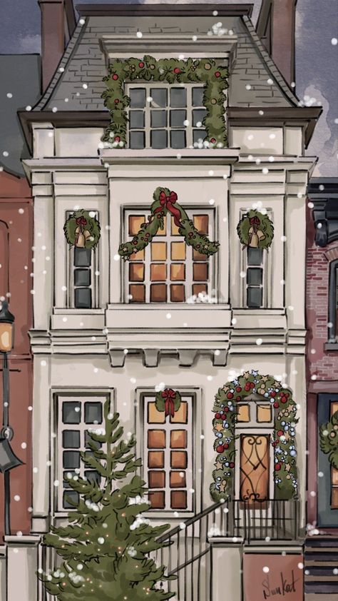 Christmas Building Illustration, Christmas House Art, Christmas Village Drawing, Paris Christmas Aesthetic, Christmas House Painting, Winter Wonderland Drawing, Christmas House Drawing, Christmas House Illustration, Christmas Village Painting