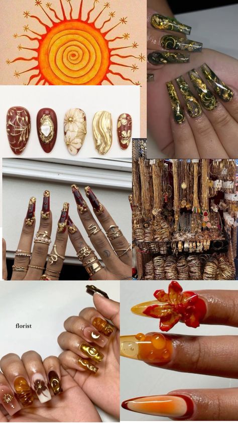 Nail inspo for warm sun themed golden nails Golden Nails, Holiday Nails, Nail Inspo, Sun, Nails