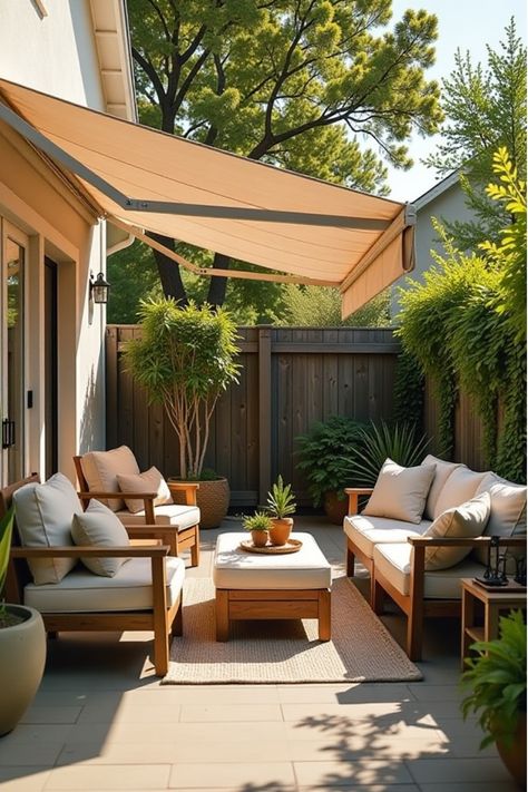 Small patio with retractable awning, foldable furniture, and storage ottomans Unique Patio Ideas, Small Backyard Patio Ideas, Angled Bedroom, Tiny Backyard, Unique Patios, Foldable Furniture, Backyard Patio Ideas, Cozy Nooks, Modern Backyard