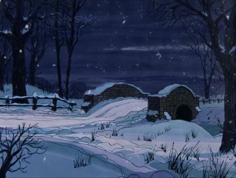 Winter Aesthetic Animated, Cartoon Winter Aesthetic, Old Christmas Illustration, Studio Ghibli Winter Aesthetic, Old Disney Winter Aesthetic, Old Disney Backgrounds, Old Disney Winter, Winter In Old Disney, Disney Winter Aesthetic