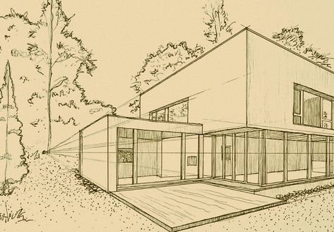 plate in viscom 2 2nd Perspective Drawing, Architectural Elevation Drawing, 2 Point Perspective Architecture, House Design Perspective, Two Point Perspective House, Perspective House Drawing, 2 Point Perspective House, Small House Drawing, Buildings Sketch Architecture