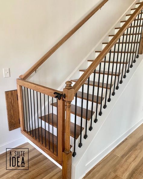 We are in LOVE with how this custom oak baby gate turned out! . And how about that stain match to their existing railing? 😍 They were told the wrong stain color by their builder and thankfully we had a variety in hand and were able to color match it perfectly through a series of pictures and swatching. . These additions at the top and bottom of their stairs look like they’ve always been there and will keep a toddlers from tumbling until they master the stairs. Message us for your free quote fo Gate Top Of Stairs, Stair Gates Ideas, Gate On Stairs, Staircase Gate Ideas, Dog Gate For Stairs, Stair Gate Ideas Wood, Gate For Stairs With Banister, Gate For Top Of Stairs, Gate Stairs