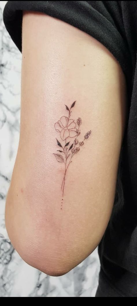 Above Elbow Tattoos For Women Flowers, Simple Flower Arm Tattoos For Women, Fine Line Flower Bouquet Tattoo Arm, Flower Tattoos Bicep, Small Above Elbow Tattoos For Women, Small Tattoos Above Elbow, Cute Womens Tattoos, Flower Tattoo Above Elbow, Flower On Wrist Tattoo