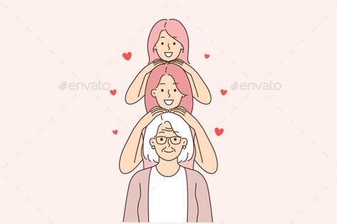 Three Generations of Happy Women Standing in Row Three Generations Of Women Art, Three Generations Of Women, Women Group Illustration, Women Friendship Illustration, Multitasking Woman Illustration, Two Women Talking Illustration, Woman Sketch, Solid Color Backgrounds, Woman Illustration