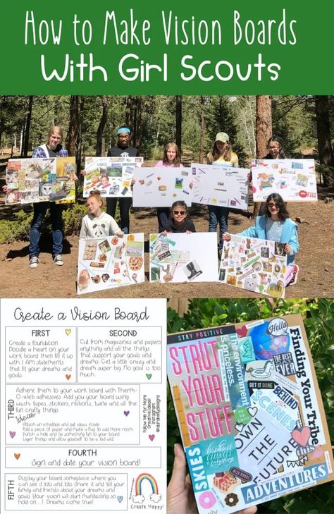 How to Make Vision Boards with Girl Scouts #visionboard #kidcraft #girlscouts #thermoweb #campcraft Outdoor Art Apprentice Cadette Badge, Girl Scout Party Ideas, Girl Scout Cadette Meeting Ideas Fun, Cadette Girl Scouts, Girl Scout Ideas Activities, Girl Scout Craft Ideas, Girl Scout Juniors Activities, Junior Badges Girl Scouts, Girl Guides Activities