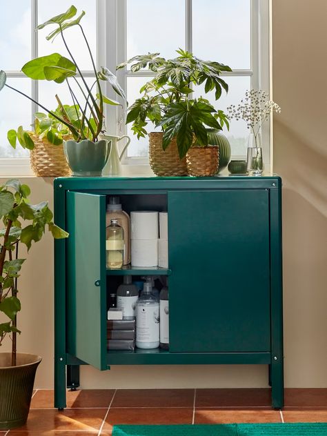 Clever storage for the entire family - IKEA Ikea Metal Cabinet, Ikea Metal, Ikea Bathroom Storage, Moody Industrial, Plant Storage, Industrial Studio, Green Cabinet, No Pantry Solutions, Ikea Living Room