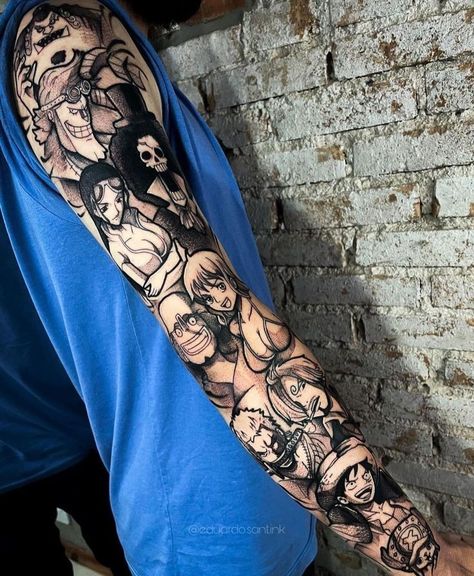 Full Arm Tattoos Anime, One Piece Arm Tattoo Men, One Piece Half Sleeve Tattoo, Anime Tattoo Leg Sleeve, Anime Panel Tattoo Sleeve, One Piece Arm Tattoo, Anime Collage Tattoo, One Piece Tattoo Sleeve, Manga Sleeve Tattoo