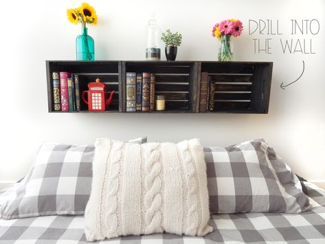 How To Floating Crate Shelves | Red Autumn Diy Floating Bedside Shelf, Floating Crate Shelves, Floating Shelves By Bed, Crate Shelf, Floating Shelves Bedroom, Floating Shelves Living Room, Floating Shelves Kitchen, Diy Hanging Shelves, White Floating Shelves