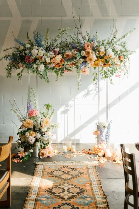 Beach Backdrop Wedding, Ombre Floral Installation, Wedding Altar Backdrop, Candles On The Floor, Pastel Wedding Arch, Floral Wedding Arches, Blooming Branches, Floral Arches, Ceremony Florals