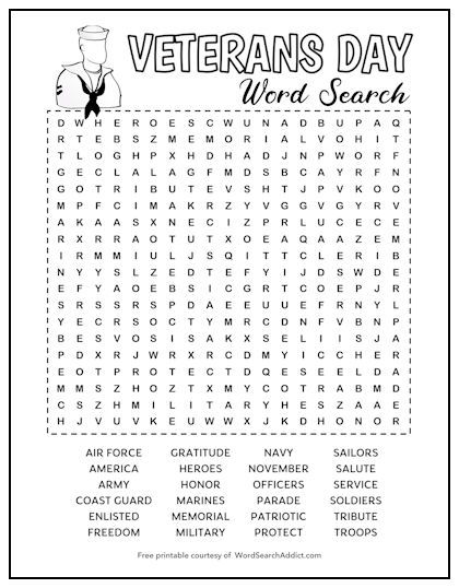 Our Veterans Day word search puzzle features 24 words and terms related to this commemorative holiday, including tribute, sailors, November, gratitude, and more. Great for both kids and adults. Download this FREE printable for you or your students today! Veterans Day Free Printables, Free Veterans Day Crafts For Kids, Veterans Day Worksheets For Kids, Veterans Day Worksheets, Veterans Day Word Search, 3rd Grade Veterans Day Activities, November Word Search, 2nd Grade Veterans Day Activities, November Crossword Puzzle