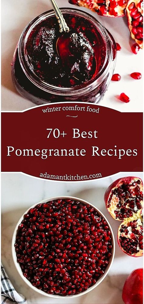 Dive into the world of winter comfort food with these 70+ best pomegranate recipes. Celebrated for its tart sweetness and stunning ruby color, the pomegranate is a superfruit loaded with antioxidants, folic acid, dietary fiber, vitamin K, and vitamin C. This collection includes everything from refreshing pomegranate drinks to breakfast ideas and delectable desserts. Explore more seasonal fruit recipes, healthy drinks, and homemade desserts at adamantkitchen.com Pomegranate Recipes Dessert, Pomegranate Recipes Healthy, Comfort Food Winter, Pomegranate Dessert, Pomegranate Drinks, Recipes Winter, Aphrodisiac Foods, Pomegranate Recipes, Fruit Recipes Healthy