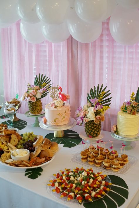 Rose Gold Tropical Party, Tropical Oasis Theme Party, Flamingo Wedding Shower Ideas, Bridal Shower Ideas Tropical, Tropical Party Food Table, Tropical Bridal Shower Food Ideas, Wedding Shower Tropical Theme, Tropical Bridal Shower Ideas Decor, Pink Tropical Bridal Shower Ideas