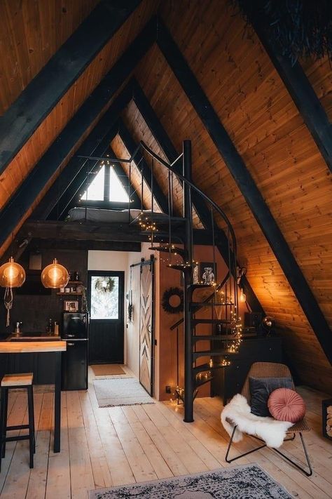 Small A Frame Cabin, Bedroom 2 Beds, A-frame Interior, Edge Of The Forest, A Frame Cabin Plans, A Frame Cabins, Small Log Cabin, A Frame House Plans, A Frame Cabin