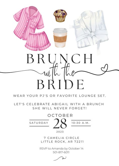 Made in Canva so you can edit with your bridal brunch details! Can print as a 4x6 or 5x7. Also included is a digital file sized for smart phones if you wish to share the invitation via text message! Pajama Brunch, Bridal Breakfast, Bachelorette Brunch, Bridal Shower Inspo, Bridal Pajamas, Bridal Brunch Invitations, Dream Wedding Decorations, Bachelorette Party Planning, Bridal Shower Inspiration