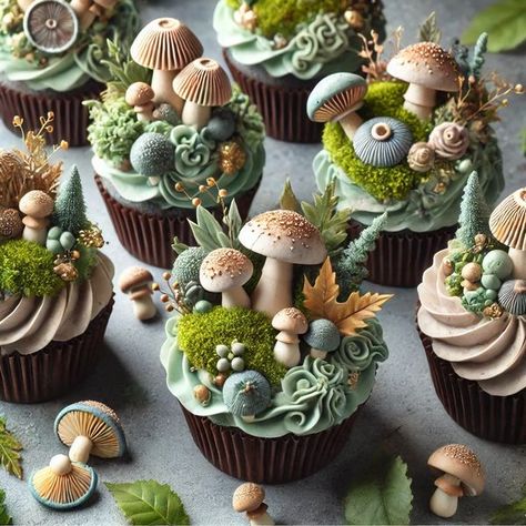 Mushroom Theme Dessert, Nature Themed Desserts, Mushroom Cupcakes Woodland, Woodland Cupcakes Forest Themes, Enchanted Forest Cupcakes, Woodland Theme Cupcakes, Nature Cupcakes, Mushroom Cake Pops, Whimsical Cupcakes