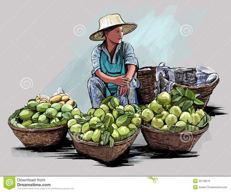 Fruit Market Drawing, Vegetable Vendor Drawing, Vegetable Seller Drawing, Fruit Picking Illustration, Vegetable Market Memory Drawing, Vegetable Market Illustration, Watercolor Indian, Singapore Art, Thailand Art