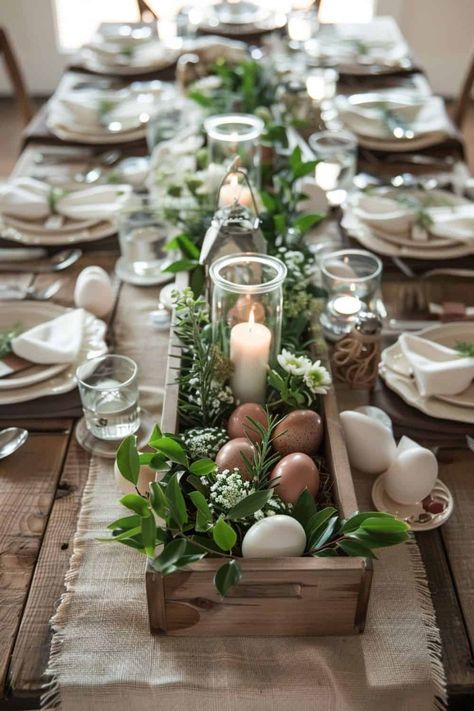 rustic charm easter tablescape with eggs and candles Elegant Easter Tablescapes Ideas, Simple Easter Tablescapes, Easter Table Settings Elegant, Easter Dinner Decor, Easter Dinner Table Decorations, Easter Dining Table Decor, Easter Supper, Easter Dining Table, Easter Hosting