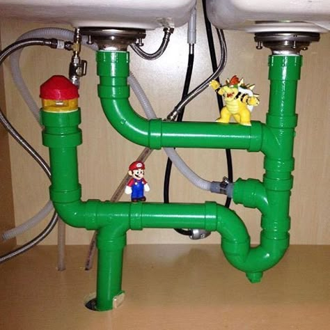 Under Kitchen Sinks, Geek Home Decor, Kitchen Plumbing, Geek Decor, Geek Culture, Dream House Decor, Mario Bros, Super Mario, Game Room