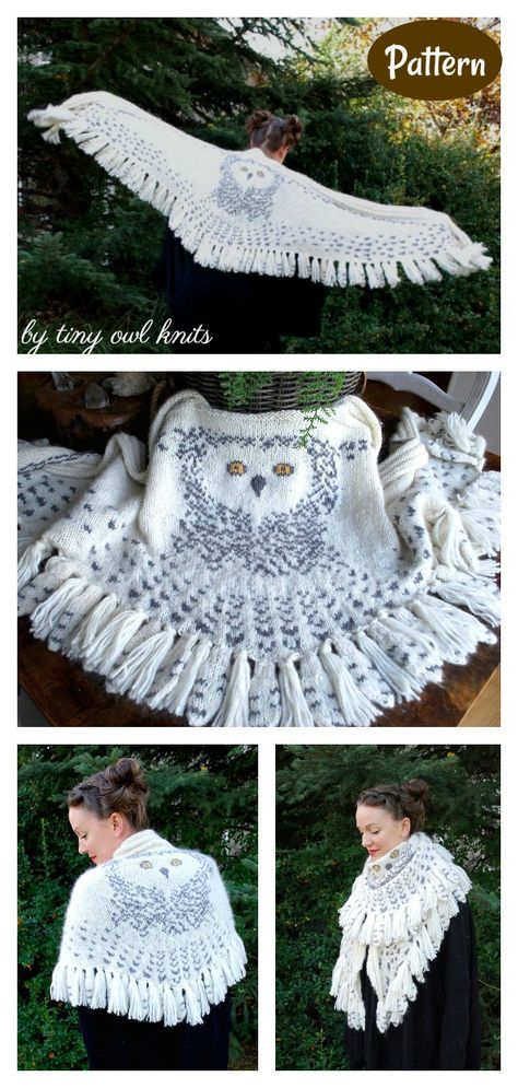 Owl Knitting, Knit Poncho Pattern, Fantasy Knitting Patterns, Scarf Patterns, Owl Scarf Crochet Pattern Free, Crochet Owl Scarf, Crochet Owl Shawl Free Pattern, Owl Shawl Crochet Pattern, Owl Crochet Shawl