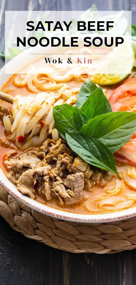 This creamy satay beef noodle soup is my go-to for every winter! You'll love this easy, delicious and warming recipe. #sataybeef #sataybeefnoodlesoup #sataybeefnoodles #chinesefood #noodlesoup Satay Soup, Asian Noodle Soup Recipes, Satay Beef, Asian Beef Recipes, Winter Warmer Recipes, Asian Noodle Soup, Beef Satay, Asian Soup Noodle, Noodle Soups