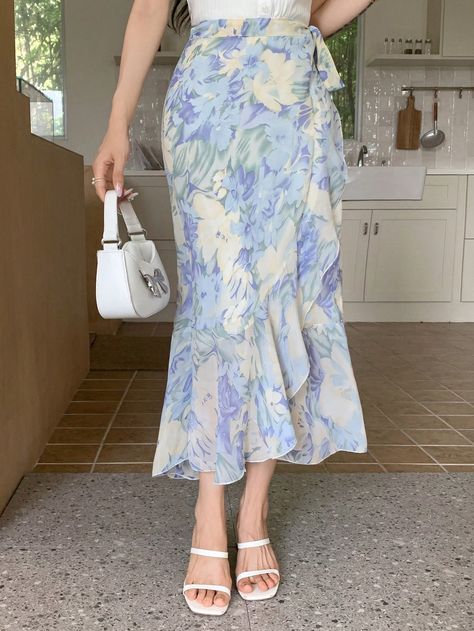 Chiffon Wrap Skirt, Long Chiffon Skirt With Floral Print, Summer Floral Print Chiffon Skirt, Chic Floral Print Chiffon Skirt, Pink Floral Print Chiffon Skirt, Summer Chiffon Maxi Skirt Non-stretch, Floral Chiffon Skirt, Ruffle Wrap Skirt, Chiffon Floral