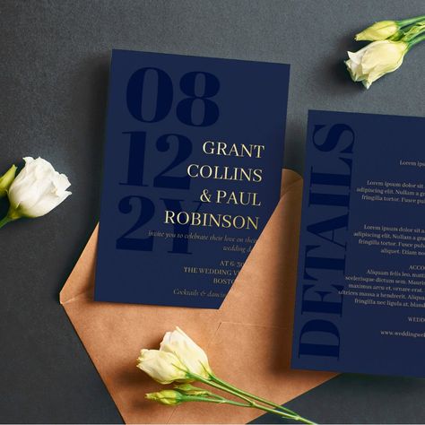 Elegant typography wedding invitation in navy blue with your wedding date in large dark blue numbers down the side of the invitation. Add names and wedding wording in gold foil. Gold foil and dark blue wedding invitation with your names in a large font. Double sided wedding invitation with your invitation in gold foil on one side, and your wedding details printed with a tan color on navy blue on the other side. Event Stationary Design, Wedding Invitations Navy Blue, Dark Blue Wedding Invitations, Wedding Invitation Navy Blue, Dark Blue And Gold Wedding, Dark Blue Invitation, Blue And Gold Wedding Theme, Midnight Blue Wedding Theme, Navy Wedding Invites