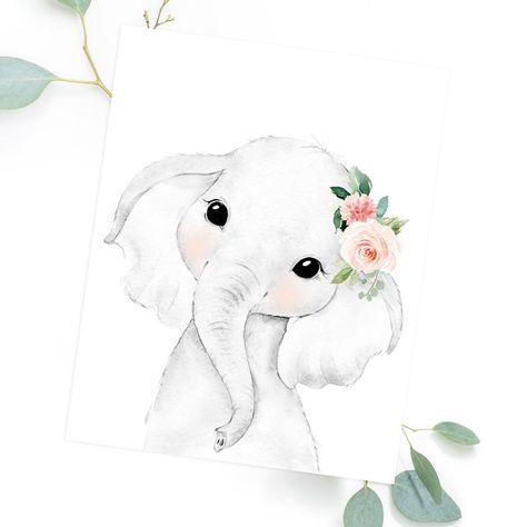 Blush Floral Nursery, Floral Nursery Art, Boho Chic Nursery, Baby Elephant Nursery, Elephant Wall Art Nursery, Animal Printables, Nursery Wall Art Girl, Safari Jungle, Watercolor Elephant