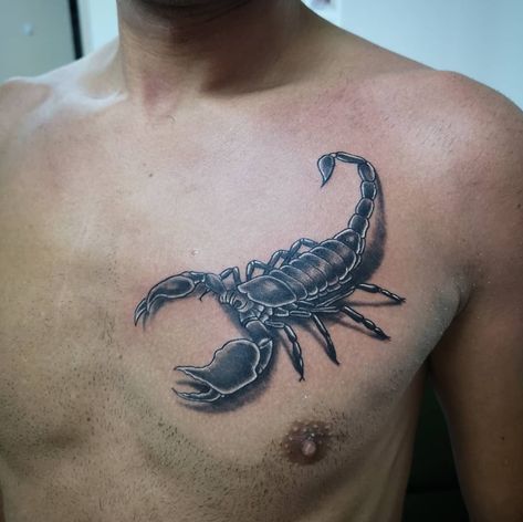 Scorpion Tattoo On Chest, Chest Scorpion Tattoo, Scorpion Chest Tattoo, Fancy Tattoo, Neo Tattoo, Scorpio Tattoo, Band Tattoo Designs, Scorpion Tattoo, Chest Tattoos