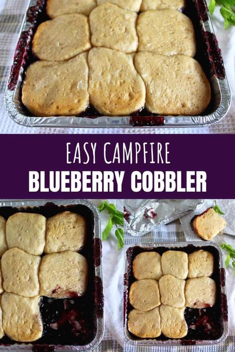 Grilled Blueberry Cobbler, Cobbler Over Campfire, Foil Packet Desserts, Blueberry Cobbler Recipe, Campfire Meals, Pie Iron Recipes, Blueberry Cobbler Recipes, Campfire Desserts, Camping Lifestyle