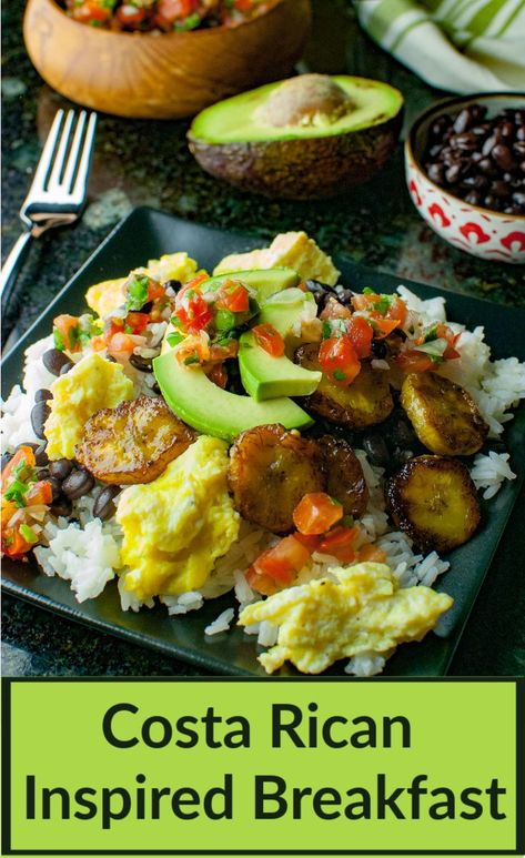 Scrambled Eggs And Toast, Easy Make Ahead Breakfast, Eggs And Toast, Rice Black Beans, Traditional Spanish Recipes, Costa Rican Food, Homemade Salsa Recipe, Ripe Plantain, Spanish Dishes