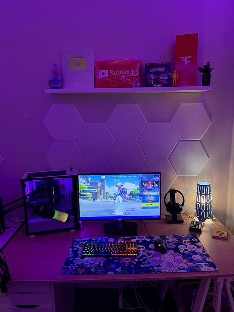 Cute panels for aesthetic gaming setup in a futuristic purple LED lighting Aesthetic Gaming Setup, Futuristic Purple, Sound Dampening Panels, Soundproof Wall, Sound Panels, Aesthetic Gaming, Purple Led Lights, Sound Panel, Foam Panels