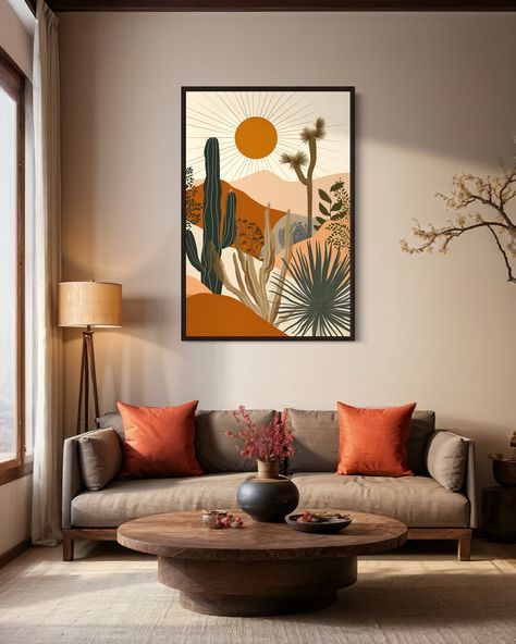 Add a touch of boho charm to your home with this stunning Boho Saguaro Cactus Wall Art. Featuring a cactus in the desert with the sun in the background, this canvas print captures the serene beauty of desert landscapes. The intricate details and vibrant colors make this artwork a perfect focal point for your living room, bedroom, or any space that embraces a bohemian aesthetic. Available framed and ready to hang, this piece offers a stylish and convenient way to elevate your decor. MEASURE YOUR Cactus Living Room Decor, Modern Southwest Living Room, Cactus Living Room, Desert Aesthetic Decor, Western Apartment, Desert Boho Decor, Cactus In The Desert, Southwestern Wall Art, Sun Painting