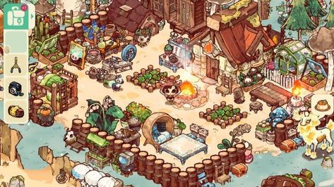 Cozy Grove Decorating, Cozy Grove Game Ideas, Cozy Grove Game Decor, Cafeland Game Design Ideas, Cozy Grove Game Art, Cozy Grove Game, Cafe Land Game Design, Isometric Game Map, Cozy Grove