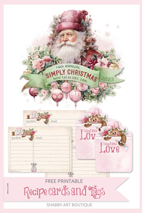 Simply Christmas: Free Printable Recipe Cards and Tags - Shabby Art Boutique Pink Christmas Printables, Christmas Scrapbook Paper Crafts Free Printable, Christmas Junk Journal Free Printable, Freeenphemera Christmas Tickets, Free Download Printables, Christmas Junk Journal Tags, Recipe Cards Printable Free, Free Printable Tags, Labels Printables Free