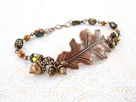 Antique Copper Autumn Oak Leaf Bracelet with Iridescent Green Czech Glass Beads >>> Be sure to check out this awesome product. Woodland Bracelet, Antique Copper Jewelry, Woodland Autumn, Victorian Style Jewelry, Nature Rose, Copper Chain Necklace, Jewelry Rustic, Autumn Jewelry, Cluster Bracelet