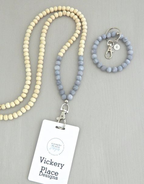 Beaded Lanyard, teacher lanyard, ID Badge Holder, Personalized Holiday Gift, Gray Gemstone Keychain Gemstone Keychain, Bead Lanyard, Diy Lanyard, Personalized Lanyards, Lanyard Teacher, Silver Initial Charms, Lanyard Necklace, Beaded Lanyard, Teacher Lanyard