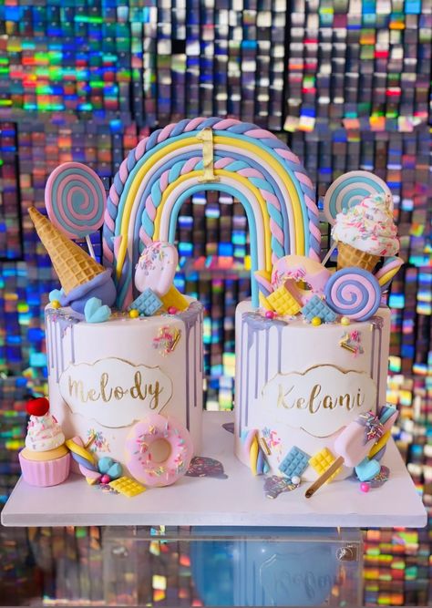 NA Twin Baby Birthday Party Ideas, Twin Baby Birthday, Donut Birthday Cake, Modern Birthday Cakes, Twin Birthday Cakes, Candyland Cake, Twins Cake, Rainbow Birthday Cake, Girls Birthday Party Decorations