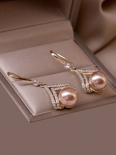 Fashionable And Minimalist Champagne Pearl Earrings With High-End Sense Gold    Copper Alloy     Women Fashion Jewelry, size features are:Bust: ,Length: ,Sleeve Length: Gold Stylish Earrings, Champagne Pearl Earrings, Bridgerton Jewelry Aesthetic, Pearl And Gold Jewelry, Champagne Jewelry, Shein Jewelry, Pearl Earrings Designs, High End Jewelry, Fancy Jewellery Designs