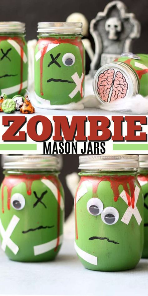 Fill these zombie mason jars with toys for a candy-free Halloween party favor. Or, just use them to decorate your house for Halloween! #zombie #masonjars #halloween #halloweendecor #halloweencrafts #halloweenparty Zombie Craft, Zombie Crafts, Mason Jar Craft, Spooky Halloween Crafts, Recycled Crafts Kids, Rainy Day Crafts, Halloween Zombie, Halloween Diy Crafts, Halloween Party Favors