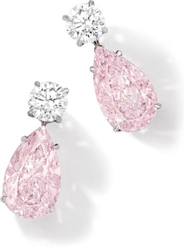 Exquisite Pair of Fancy Pink Diamond and Diamond Pendent Earrings.  Each set with a pear-shaped fancy pink diamond weighing 5.21 and 5.01 carats respectively, to the brilliant-cut diamond top each weighing 1.01 carats, mounted in platinum, post and sprung locked fittings. Mode Rose, White Diamond Earrings, Diamond Pendent, Women Diamond, Silver Earrings Dangle, Pink Diamond, Modern Jewelry, Diamond Studs, Pink And White