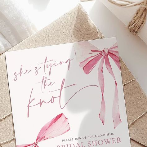 Soirée Design Studio on Instagram: "🎀 Bowtiful Brides 🎀 Our “She’s Tying the Knot” bridal shower invite and thank you card set will make your celebration extra special.

Link in bio to shop!

_____

#bridalshower #bridalshowerinvites #shestyingtheknot #bowtheme #pinkbow #bridetobe #herecomesthebride #invitationdesign #diybridalshower #showerthebride #bridalshowerideas #bridalshowerinspo #weddingstationery #weddingplanning #inspiration #designer #graphicdesign #eventdesigner #eventplanner #graphicdesigner #eventplanning #eventdecor #printables #moderntemplates #minimalistdesigns #luxuryinvitations #custominvitations #stationerydesigner #invitationtemplates #diy" Bridal Shower Inspo, Bridal Shower Diy, Tying The Knot, Here Comes The Bride, Tie The Knots, Custom Invitations, Bridal Shower Invitations, Pink Bow, The Knot