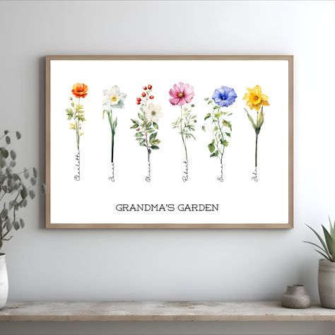 Moms Garden Painting, Grandmas Garden Birth Flowers, Birth Flower Painting, Watercolor Family, Grandma's Garden, Grandmas Garden, Family Garden, Birth Month Flower, Flower Gardens