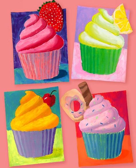 Shading Art Projects Elementary, Food Art Elementary, Cupcake Art Project, Tints And Shades Art Lesson, Tints And Shades Painting Ideas, Wayne Thiebaud Art Lesson, Painted Cupcakes, Color Art Lessons, 3rd Grade Art Lesson