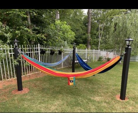 Hang A Hammock Without Trees, Hamack Stand Diy, Hammock Poles Backyard, Hammock In Garden Ideas, Backyard Hammock Posts, Poolside Hammock Ideas, Posts For Hammock, Hang Hammock Without Trees, Diy Backyard Hammock