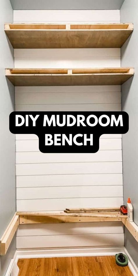 In progress image of a mudroom floating bench with shoe storage underneath. The text over the image reads, "DIY mudroom bench". Closet Bench, Small Mudroom, Small Closet Storage, Small Mudroom Ideas, Mudroom Remodel, Diy Entryway Bench, Mudroom Closet, Entry Closet, Diy Mudroom