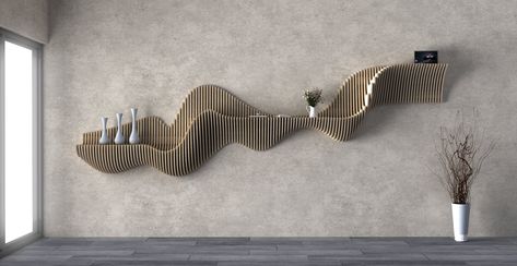 This  Parametric Wavy Wooden Wall Mounted Shelf art awesome piece will enhance the room. The acoustic parametric design Home Decor that you are looking for. Floating Shelf Parametric Wall Piece : The Wave-patterned wood, perfect decoration for every part of your homeWith simple modern wall art design and suitable size, you can hang it anywhere in your home. It can also be used to make a difference in many areas such as offices, shops, hairdressers, cafes, hotels, etc. ☆Material: High-Quality Premium MDF Wood ☆I can make the product in any color and size you want. ☆You can visit my store for my other products. FIRST DIMENSIONS: 220 x 95 x 27 cm (87" x 38" x 11") (width - height - depth) (Wood thickness: 12 mm Spaces: 12 mm Slices: 63) , Depth is constant in all dimensions : depth (27 cm) (1 Creative Shelf Ideas, Parametric Design Pattern, Wavy Wall, Parametric Wall, Wall Mounted Shelf, Shelf Floating, Decorative Wall Hooks, Wall Piece, Parametric Design