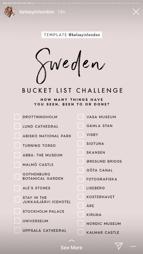 Sweden bucket list Countries Bucket List, What To Do In Sweden, Kelseyinlondon Template, Country Bucket List, Template Kelseyinlondon, Things To Do In Sweden, Bucket List Challenge, Traveling Goals, List Challenges