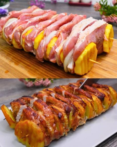 Pork and Potato Skewers with Honey Mustard Glaze - Greenku Recipes Pastry Dishes, Camping Foods, Pork Skewers, Honey Mustard Glaze, Seasoned Potatoes, Skewer Recipes, Honey Mustard Sauce, Baked Pork, Pork Tenderloin Recipes