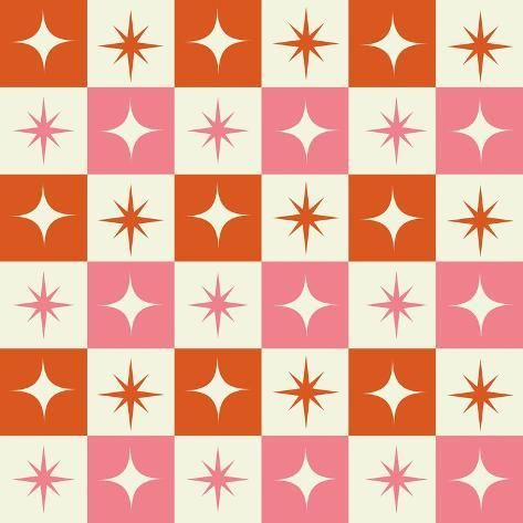 size: 16x16in Photographic Print: Mid Century Modern Atomic Starbursts on Pink, Orange and White Checkerboards Seamless Pattern. by yasmin khalifa : Retro Fabric Patterns, Atomic Decor, 1950s Patterns, Modern Mural, Atomic Starburst, Mid Century Modern Patterns, Retro Fabric, Clay Jewelry Diy, Seamless Pattern Vector