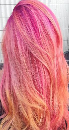 Blonde And Coral Hair, Vivid Peach Hair, Pink Orange And Blonde Hair, Sunset Pink Hair, Hair Color Bright Colors, Pink And Coral Hair, Coral Hair Ombre, Pink Sunset Hair, Pastel Pink And Orange Hair